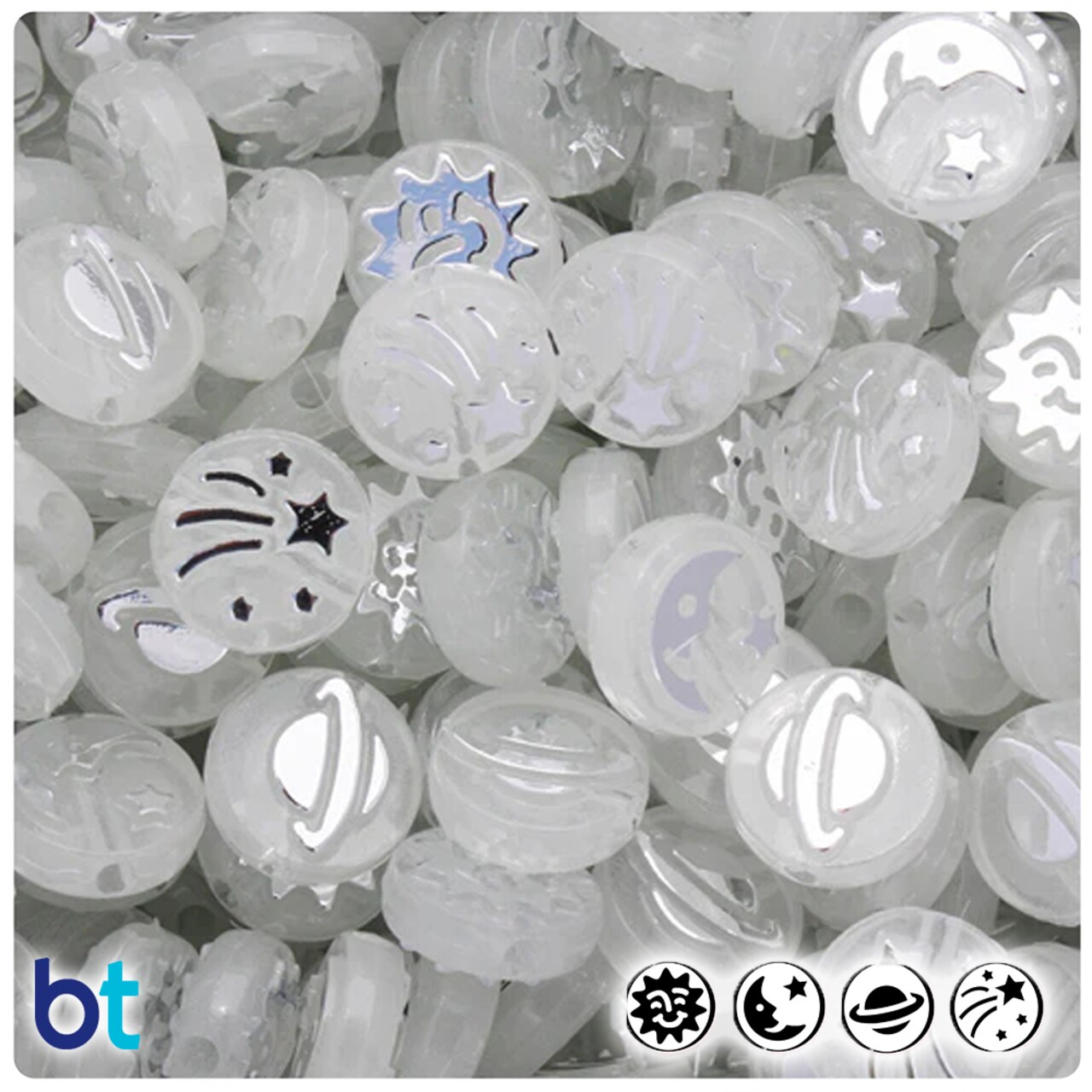 BeadTin Night Glow-in-the-Dark 13mm Coin Plastic Beads - Silver Celestial Designs (30pcs)